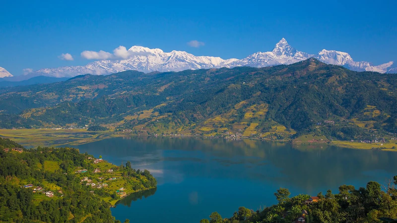 The snow-capped Annapurna range rising above Pokhara, the panorama the Sarangkot cable car is built to frame