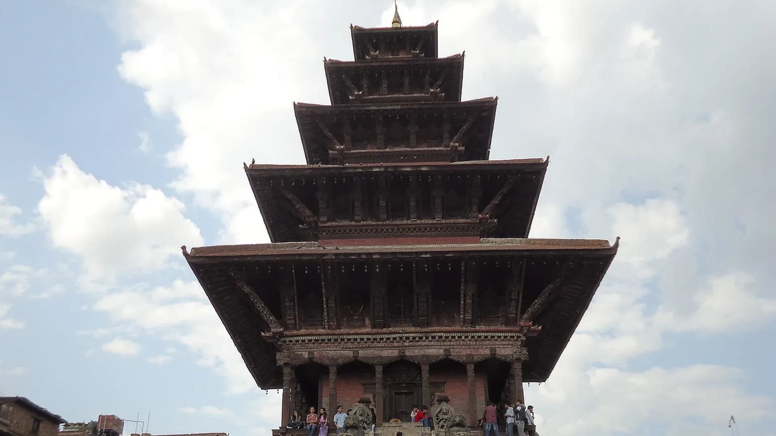 The five-tiered Nyatapola pagoda temple rising against the sky in Bhaktapur Durbar Square