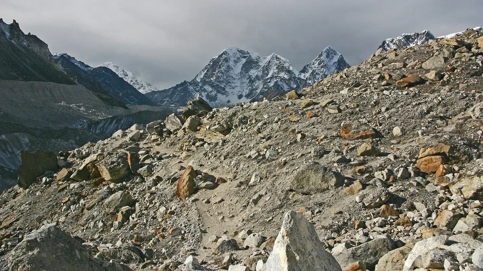 Rocky moraine trail from Gorak Shep toward Everest Base Camp