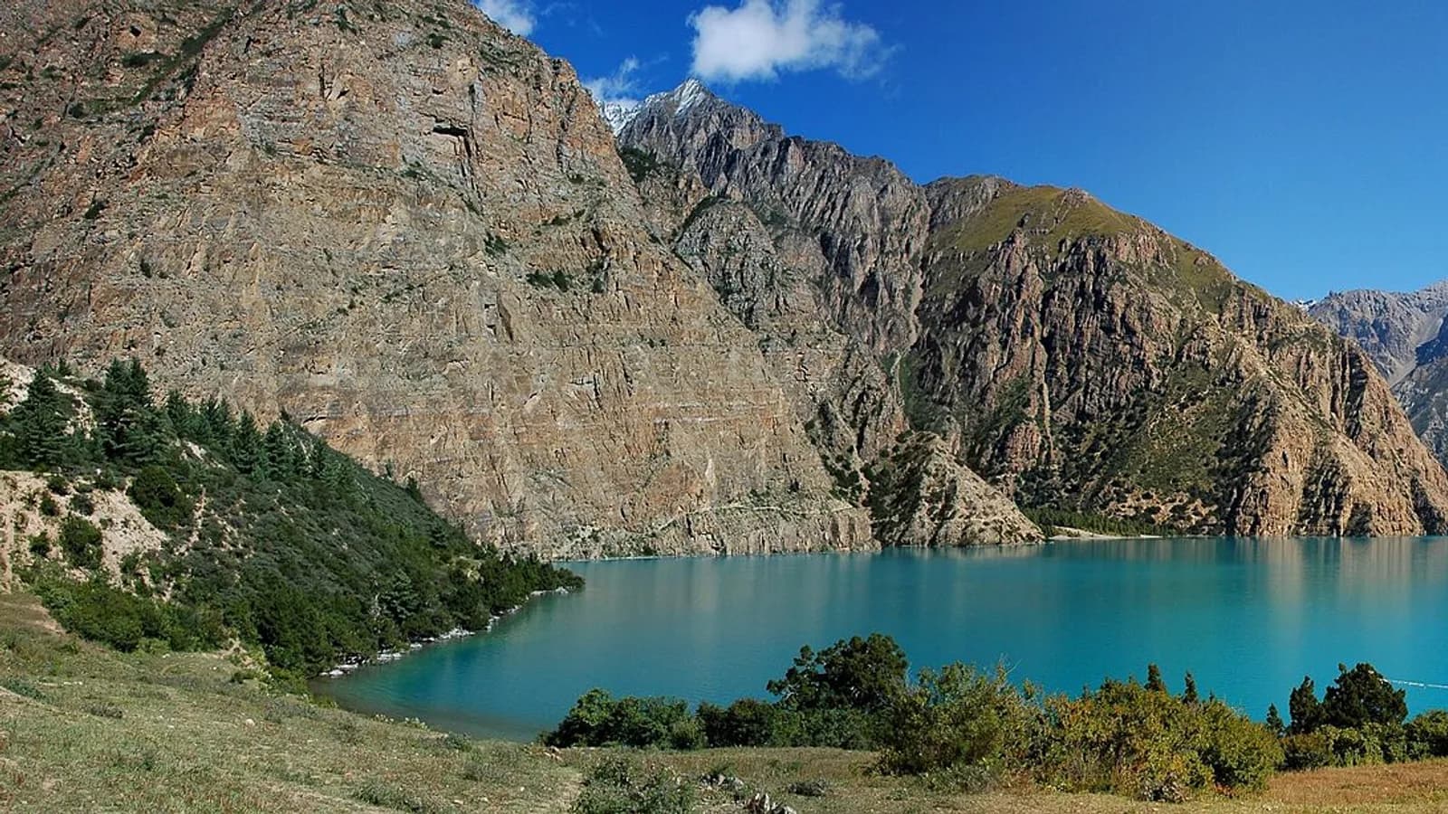 Panorama of the turquoise water of Phoksundo Lake seen from a camp in Dolpo, Nepal