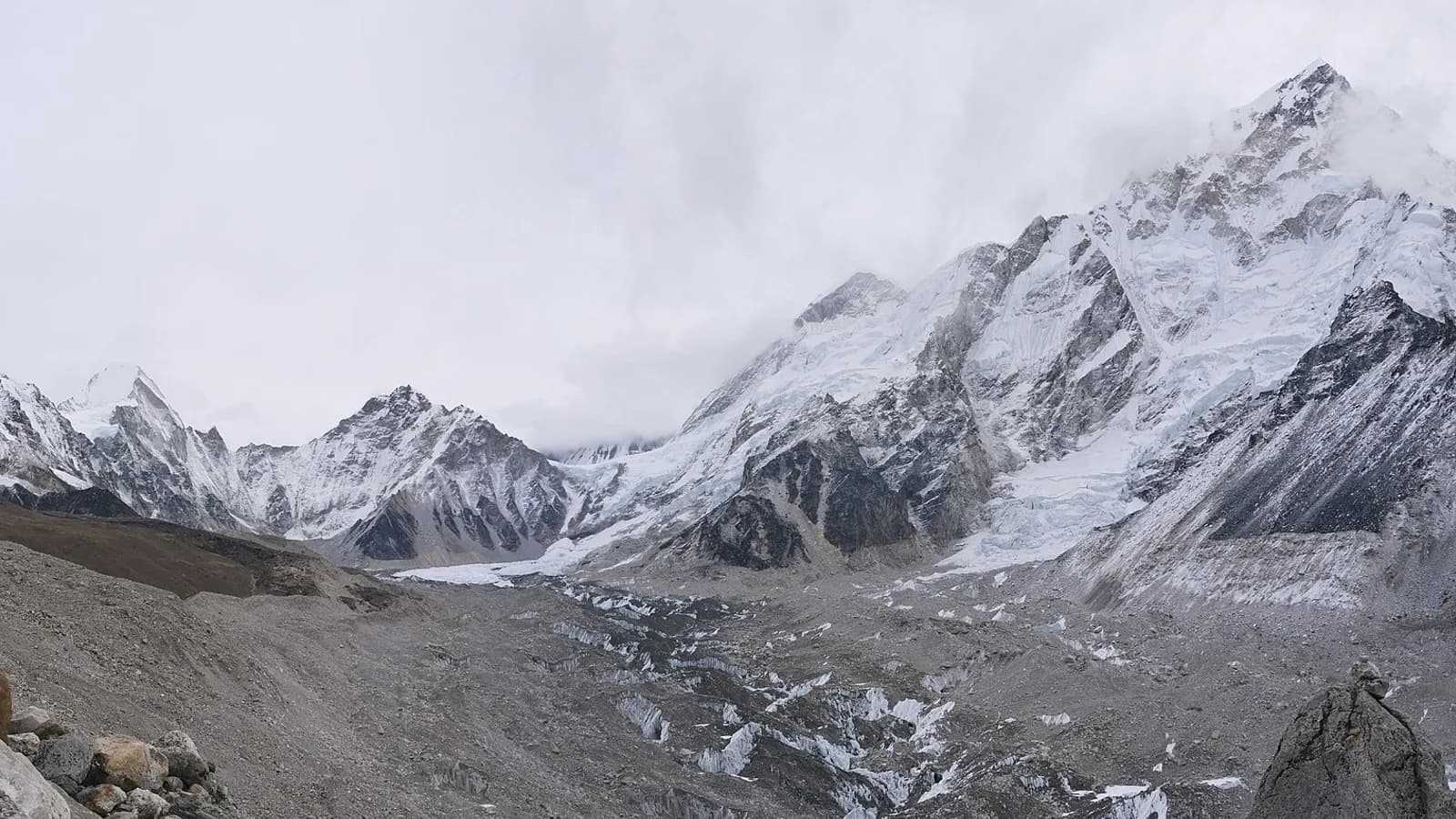 Panoramic view of the Khumbu Glacier moraine below Everest, on the final approach to Everest Base Camp