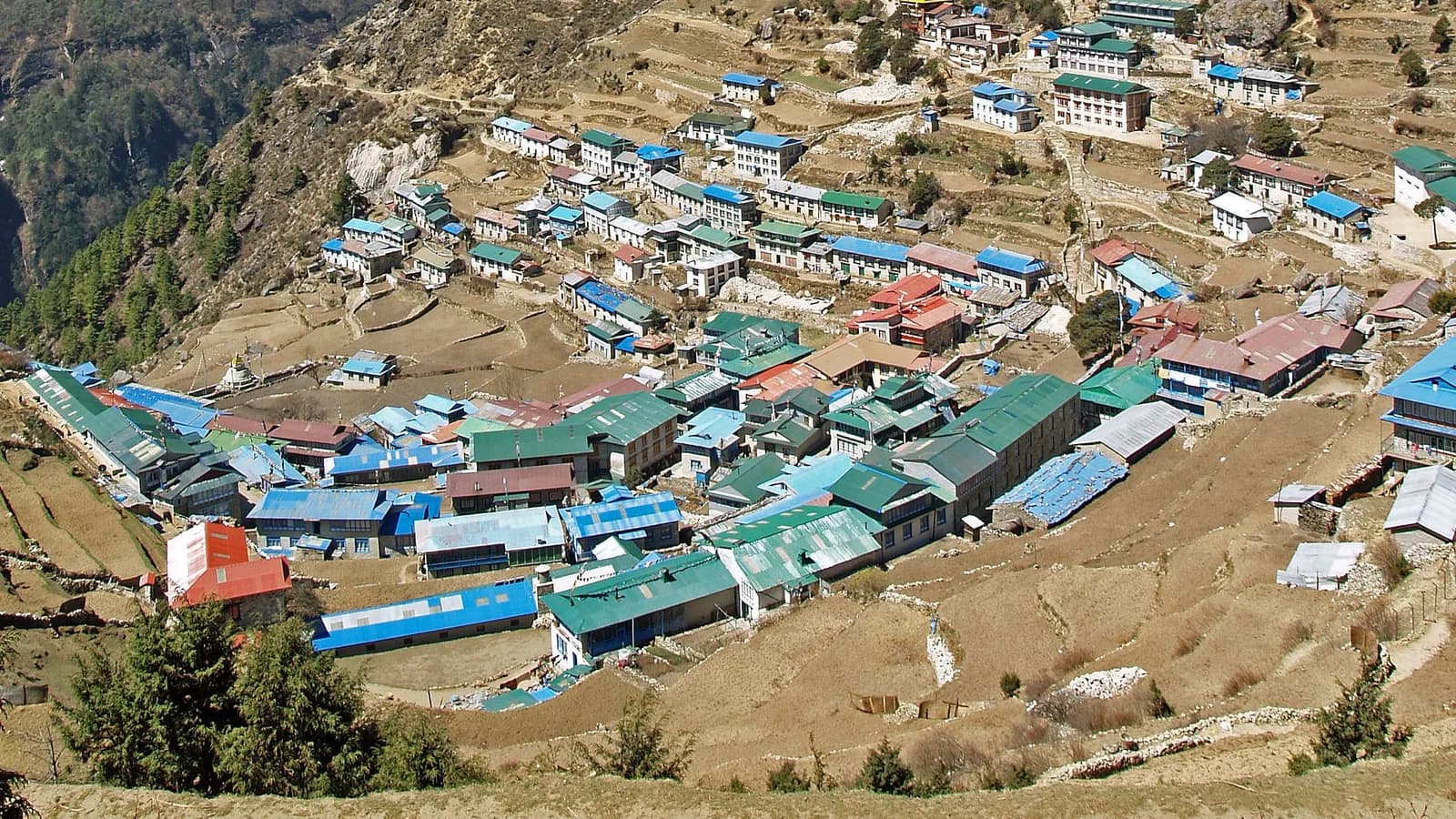 Namche Bazaar, the Sherpa hub on the trail to Everest Base Camp, terraced into a Himalayan hillside