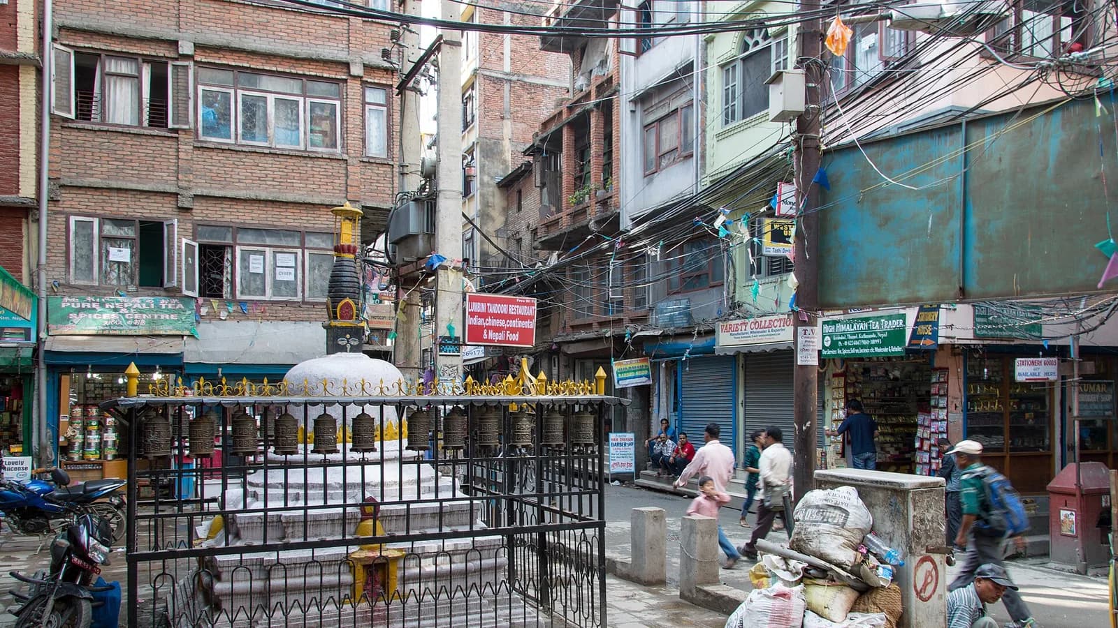 Busy narrow street lined with shops in Thamel, Kathmandu