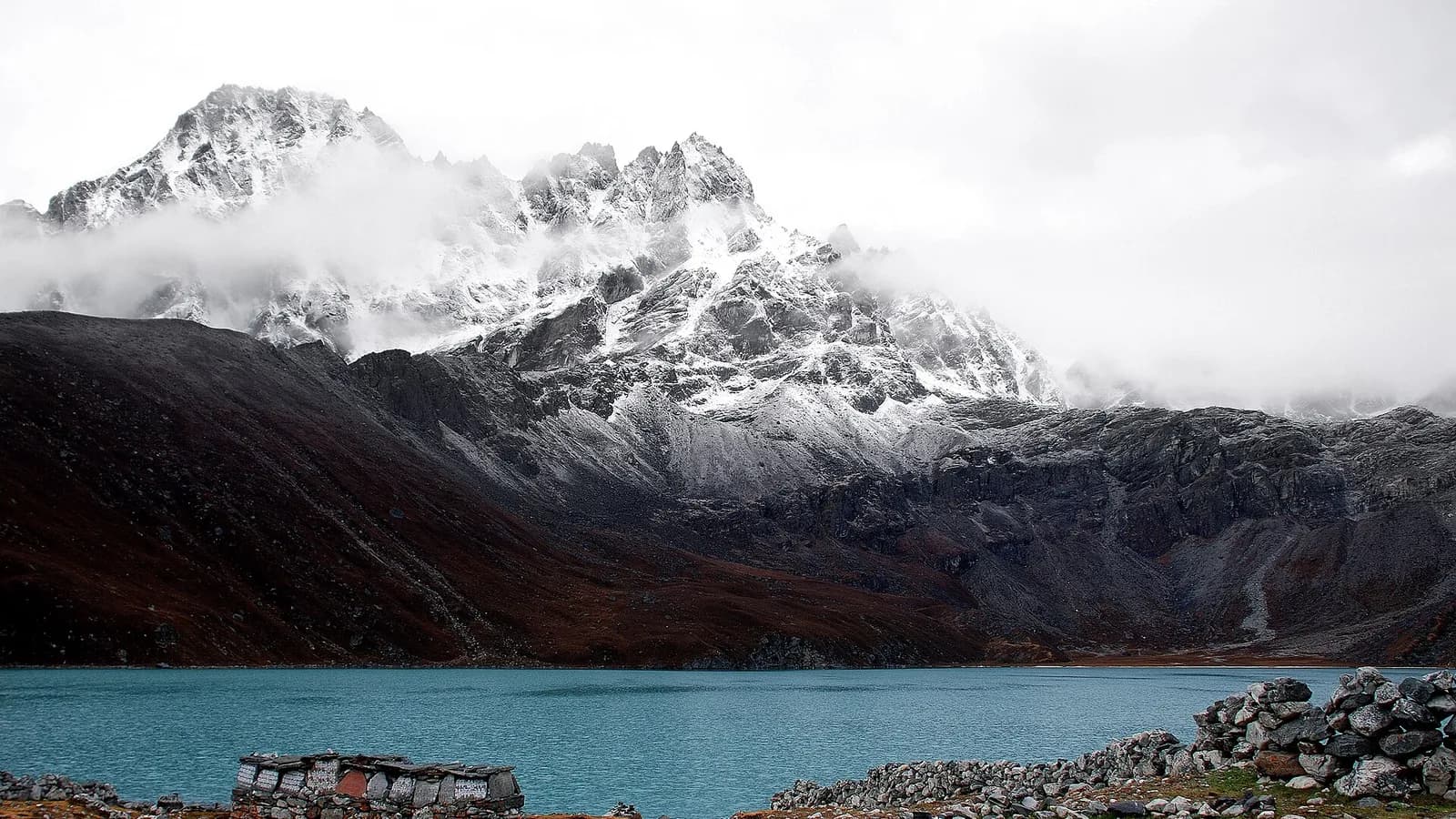 Turquoise Gokyo lake below snow peaks in the Everest region