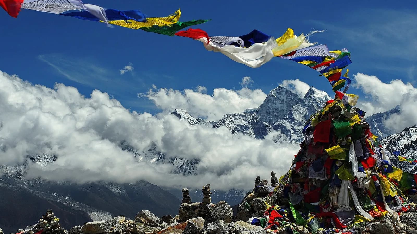 The Khumbu Glacier and surrounding Himalayan peaks on the trail between Gorak Shep and Everest Base Camp