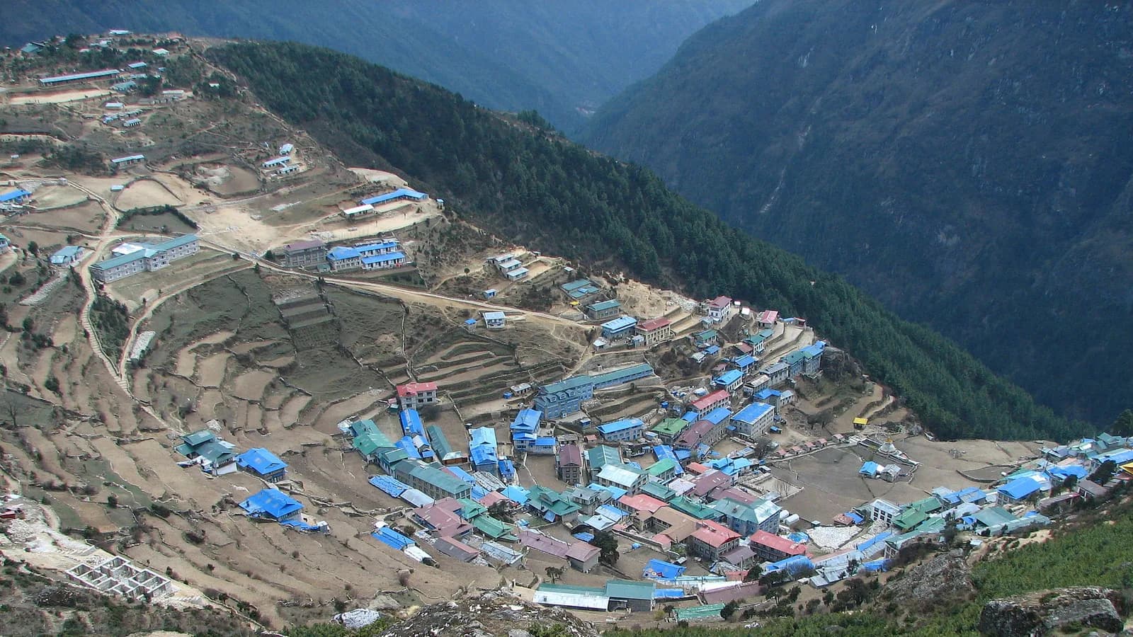 The terraced hillside town of Namche Bazaar in the Khumbu, a key acclimatization stop on the Everest Base Camp trek