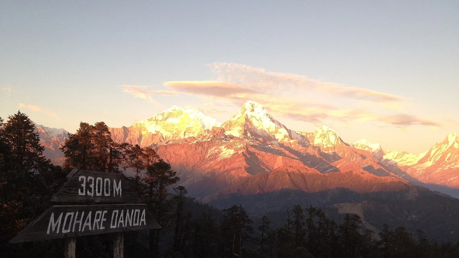 Sunrise over Dhaulagiri and the Annapurnas from the Annapurna foothills, Nepal