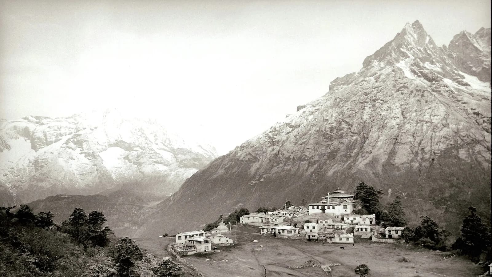 Tengboche Monastery on a ridge in the Everest region of Nepal with Himalayan peaks behind