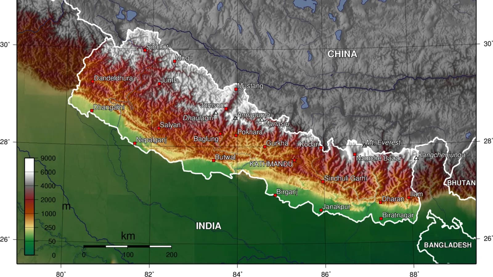 Topographic map of Nepal showing the rise from southern plains to the high Himalayas