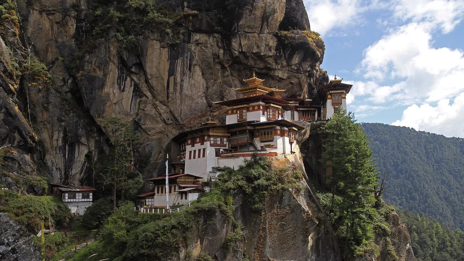 Paro Taktsang, the Tiger's Nest monastery, clinging to a cliff above the Paro valley in Bhutan