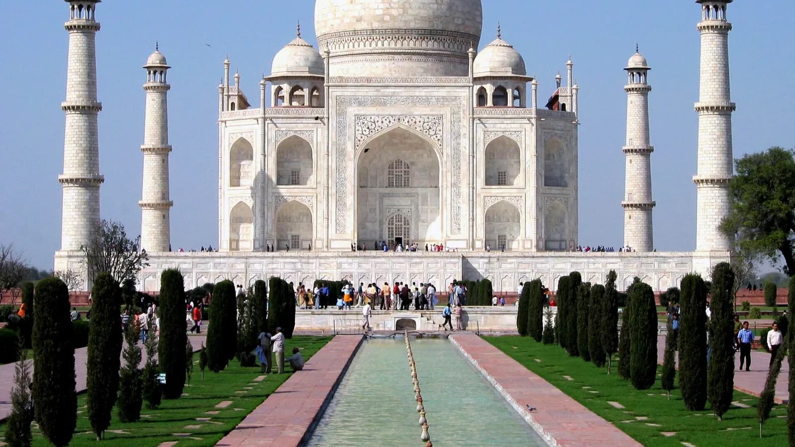 The Taj Mahal reflected in its watercourse at Agra in northern India