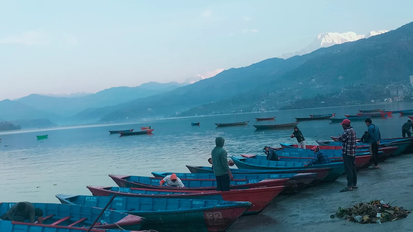 View along the Lakeside strip beside Phewa Lake in Pokhara, Nepal