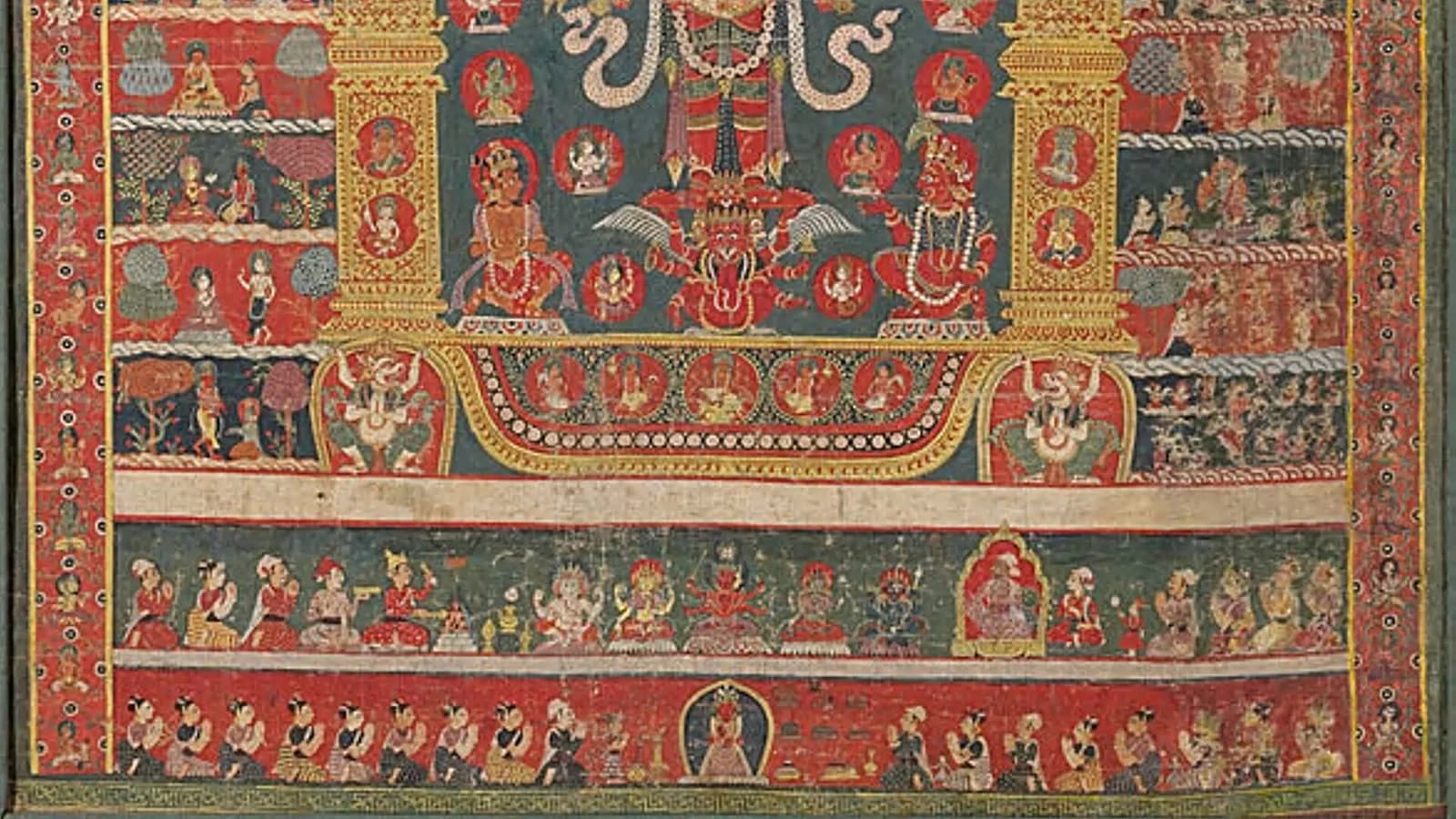 A finely detailed Nepali thangka of Green Tara painted on cloth with mineral pigments and gold