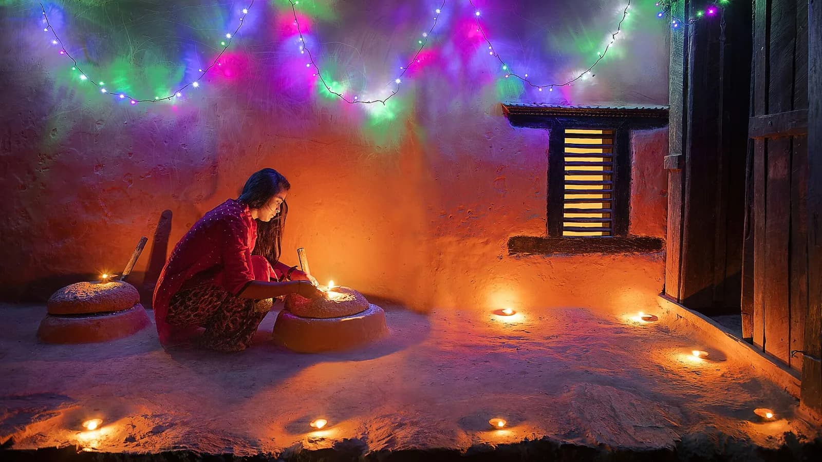 A lit clay oil lamp glowing during the festival of lights