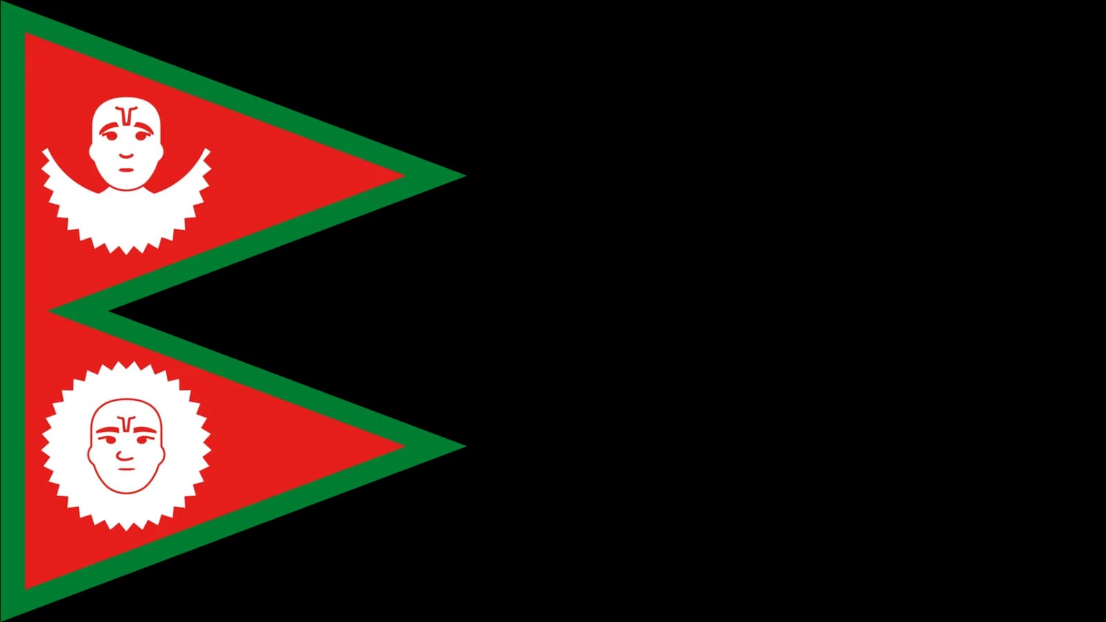 The crimson and blue flag of Nepal flying from a pole, showing its two-pennant non-rectangular shape