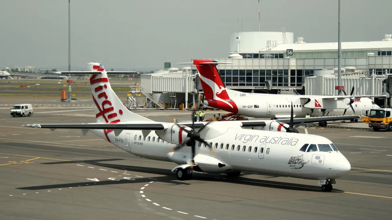 An ATR 72 twin-turboprop aircraft of the type used on Nepal's domestic routes, parked on an airport apron